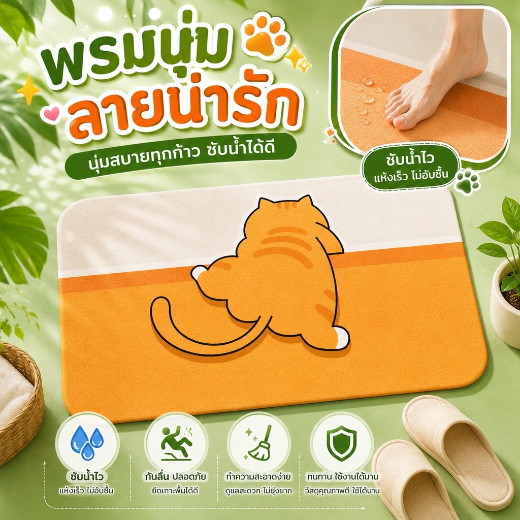 พรมกันลื่นห้องน้ำ 🚿 ลายแมวสีส้ม 🐈 ดูดซับน้ำดี 💧 ตกแต่งห้องน้ำ ✨S00150