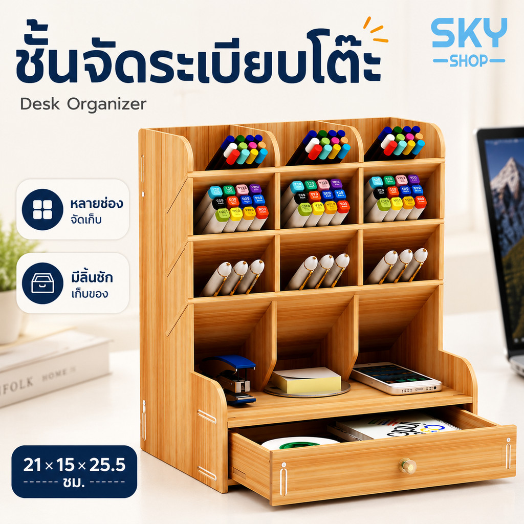SKY ชั้นใส่ปากกาไม้ ชั้นเก็บเครื่องเขียน กล่องจัดระเบียบโต๊ะทำงาน DIY มีลิ้นชัก ที่เก็บของอเนกประสงค์ 21x15x25.5 ซม.