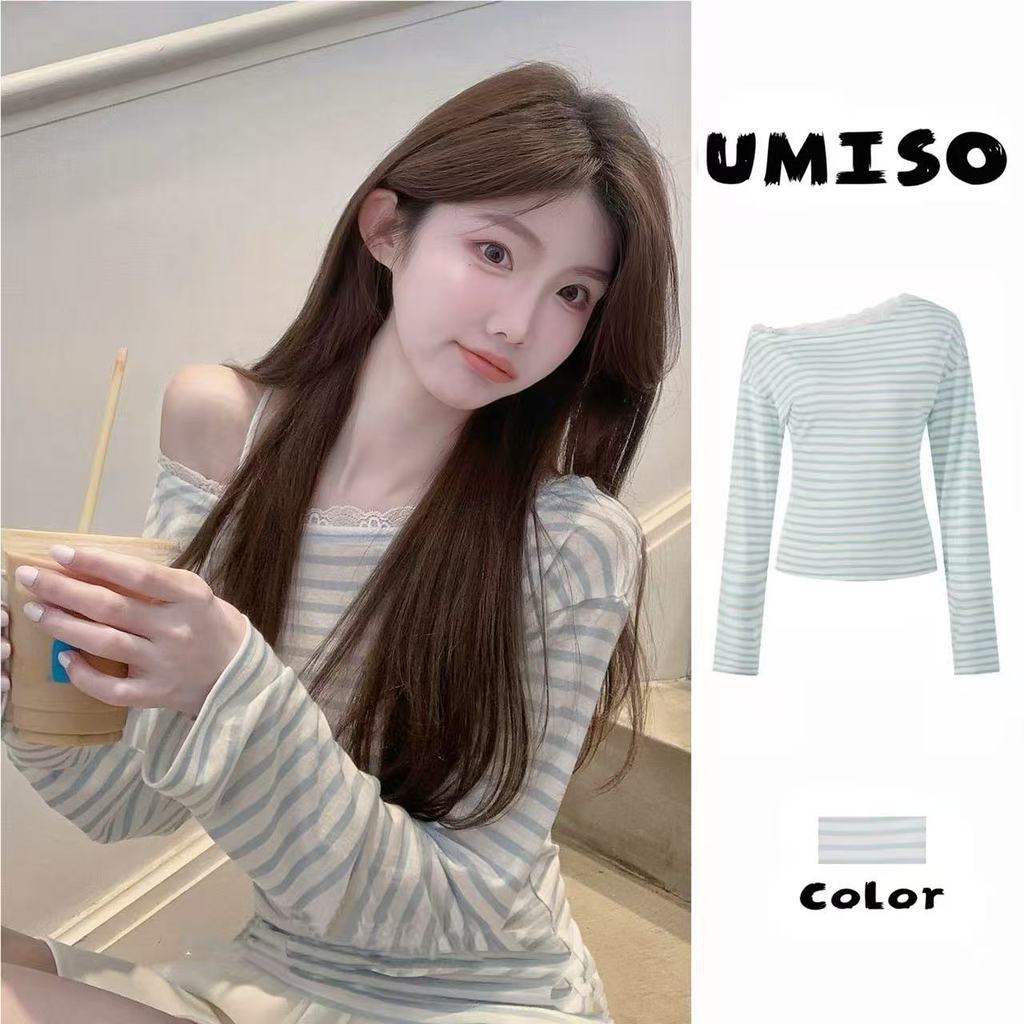 UMISO ส่งไวจากไทย เสื้อคลุมลายทางสีฟ้า แต่งลูกไม้ สไตล์เกาหลี หวานน่ารัก ใส่สบาย