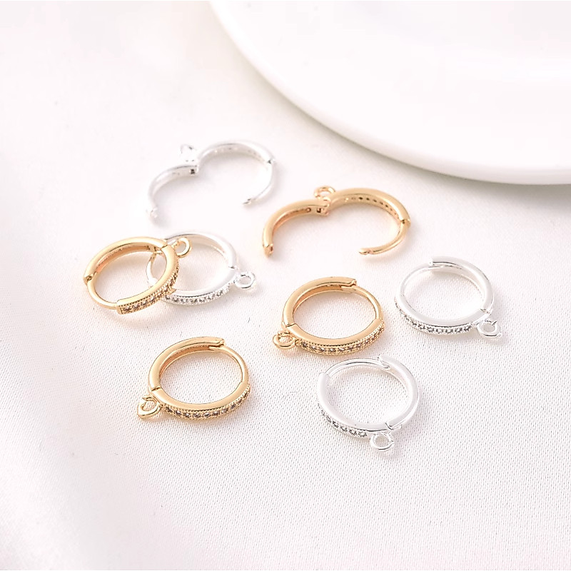 ต่างหูห่วง ประดับเพทาย สีทอง 14k 14 มม. แฮนด์เมด diy