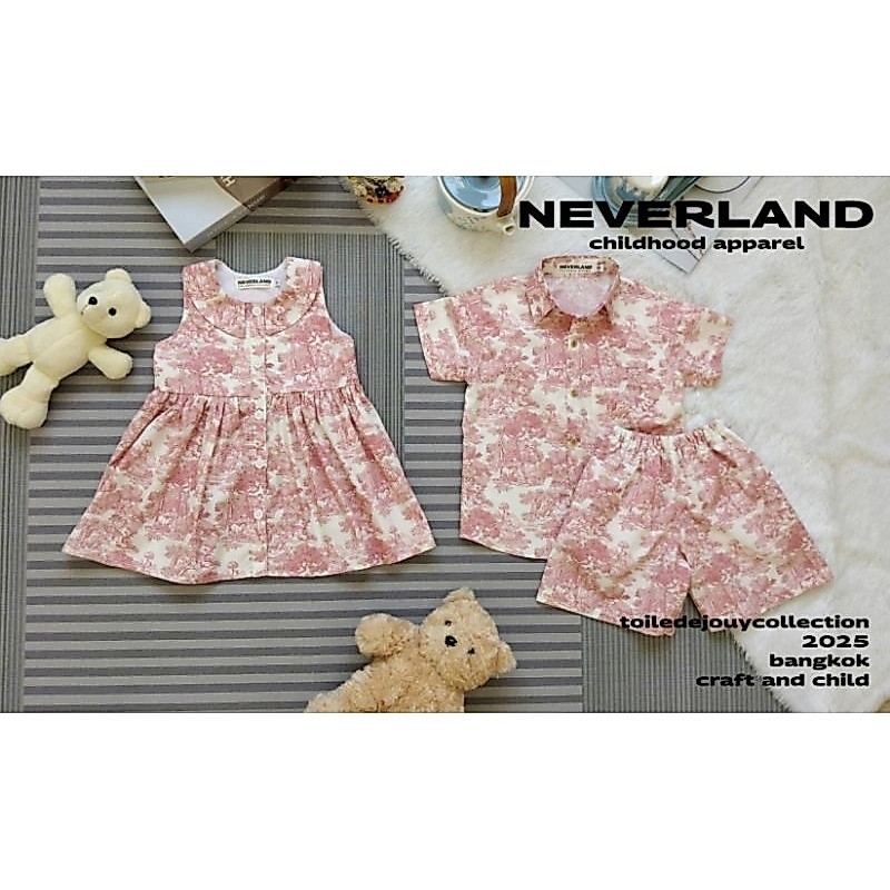 NEVERLAND ชุดคู่ลูกชาย & ลูกสาว พิมพ์ลาย Toile de jouy  สีชมพู ผ้า Cotton 100%