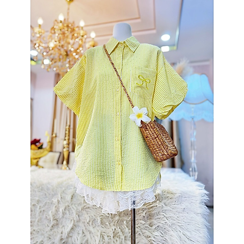 (อก 48“) เสื้อเชิ้ต Over size 🎀 แขนบอลลูน (ปักโบว์) กระดุมหน้า 🧸