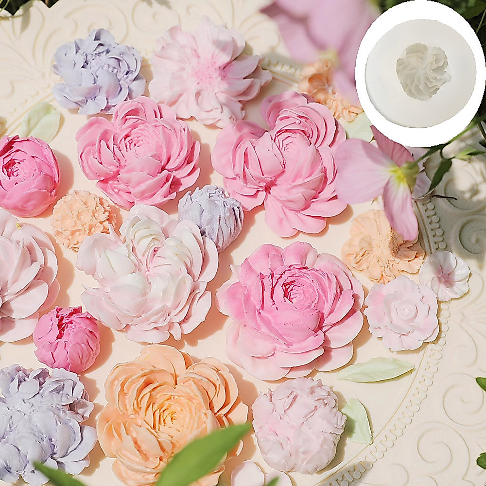 แม่พิมพ์ซิลิโคนดอกไม้ Peony Rose DIY ปูนปลาสเตอร์เครื่องประดับอโรมาเค้กเบเกอรี่ตกแต่ง Mould