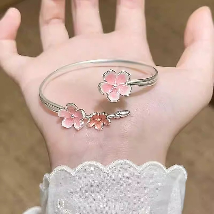 เคลือบเงินแท้ที่มีสีสัน 999 ดอกเชอร์รี่สีชมพูสไตล์จีนฤดูร้อนสดแสงหรูหราสร้อยข้อมือ