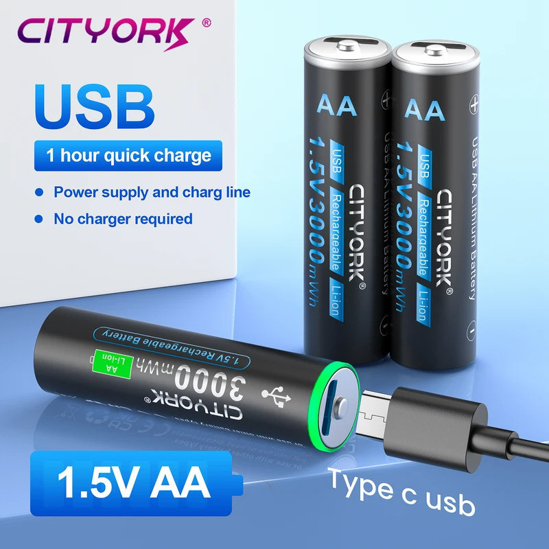 ความจุ 100% 1.5V AA Li-ion แบตเตอรี่ 3000mWh AA USB ชาร์จ AA แบตเตอรี่ลิเธียม AA Li-polymer แบตเตอรี