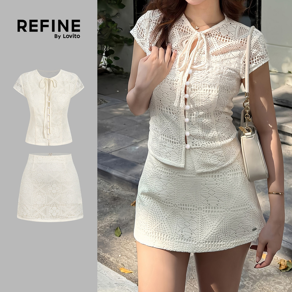 (Refine by Lovito) เสื้อหรือกางเกงลำลองสำหรับวันสงกรานต์ แบบผูกเชือกติดกระดุม สีแอปริคอต สำหรับฤดูใบไม้ผลิ/ฤดูร้อน สำหรับผู้หญิง LR32A006