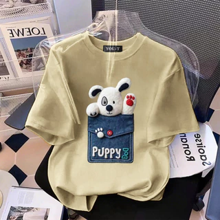 Y-T🔥พร้อมส่ง เสื้อยืด oversize ผ้าฟอกวินเทจ ผ้าฝ้ายแท้ใส่สบาย ไม่แตกเมื่อซัก ลาย "Pocket puppy"