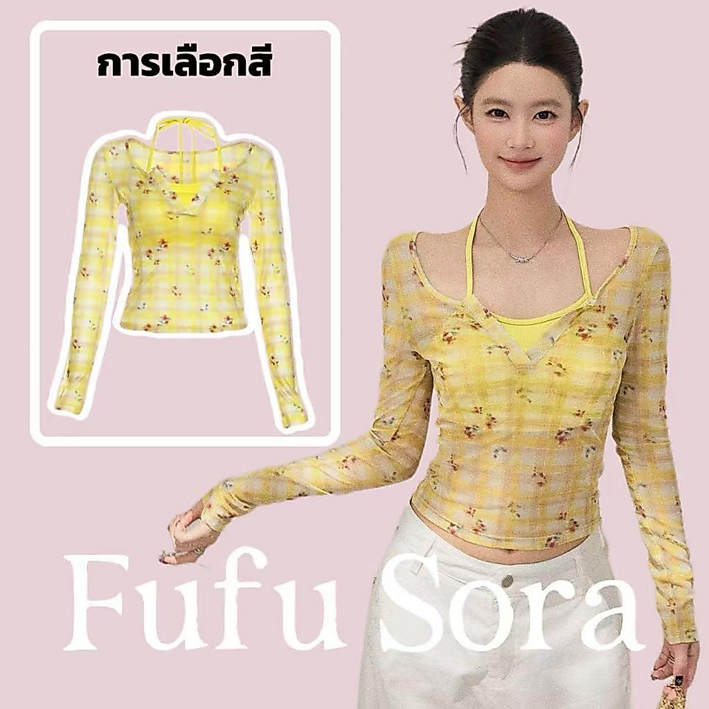 Fufu Sora.TH💕คลังสินค้าพร้อม💕เสื้อยืดแขนยาวคอฮอลเตอร์ดีไซน์ย้อนยุค หวาน เผ็ด ขี้เล่น สไตล์สองชิ้นเข้ารูป