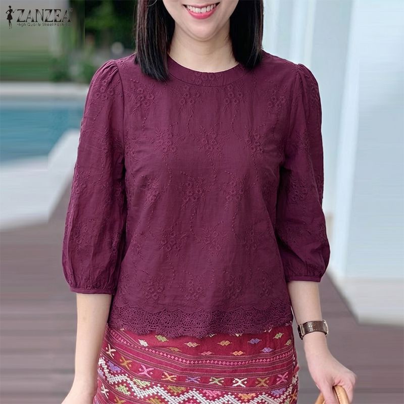 ZANZEA ใส่ ซานเซีย ผู้หญิงเกาหลีที่สง่างามอ่อนโยนลูกเรือคอ3/4แขนโคมไฟเย็บปักถักร้อยลูกไม้ประกบเสื้อ — صورة 5