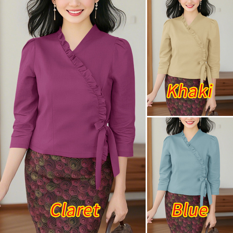 ZANZEA เสื้อเบลาส์แฟชั่นสตรี สีทึบ คอวี แขน 3/4 ขอบระบายและสายคาด — صورة 3