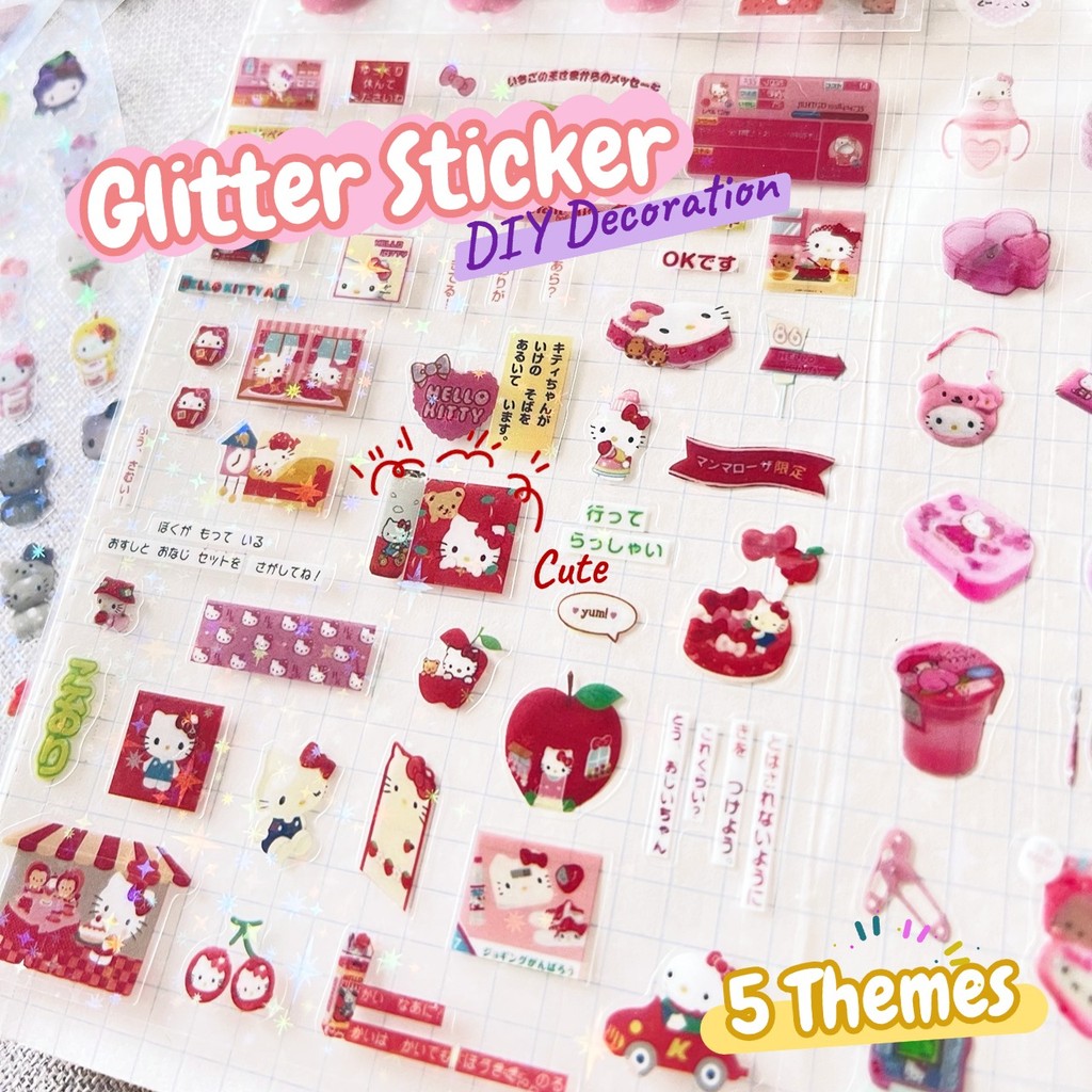 10 แผ่นโปร่งใส Glitter เลเซอร์สติกเกอร์ Kawaii Kitty กระพริบฟิล์มคู่มือไดอารี่สมุดภาพ Journal DIY วัสดุสติกเกอร์ตกแต่ง