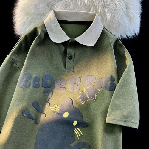 ProMan-เสื้อโปโลแมววินเทจสไตล์อเมริกัน  ชุดคู่รักฤดูร้อน  oversize - รูปที่ 2