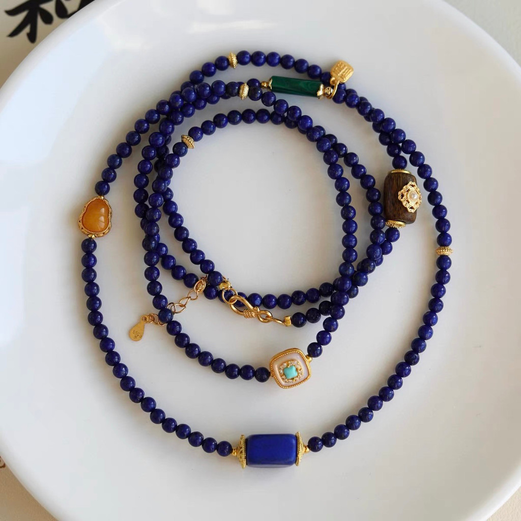 ใหม่ lapis lazuli ยาวโซ่ขี้ผึ้งมะระลูกปัดสร้อยคอ