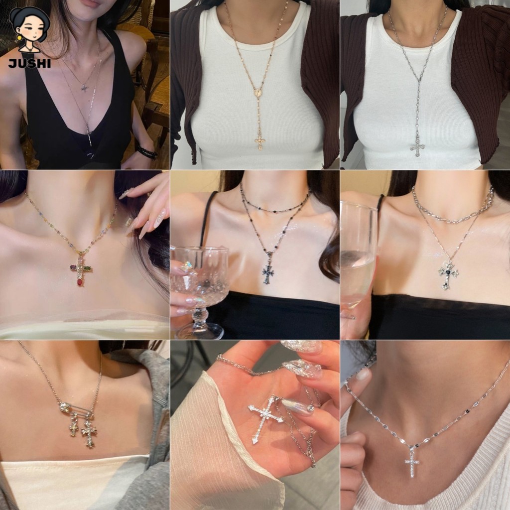 JUSHI Diamond-Studded Cross จี้ Goethe Y2K สร้อยคอแฟชั่น Retro วันหยุดของขวัญเครื่องประดับ Extravicza อุปกรณ์เสริม Party