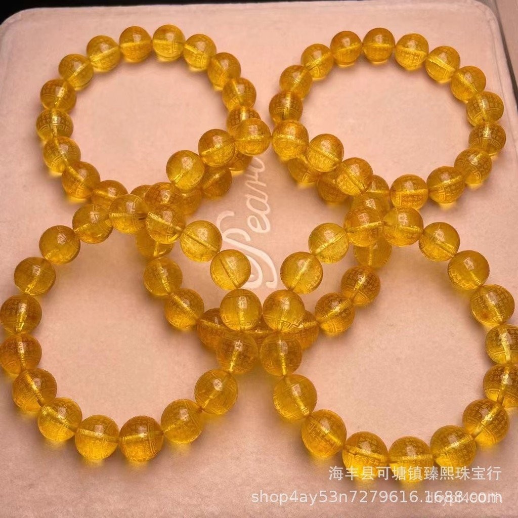 แกะสลักขี้ผึ้ง Golden Amber Obvious สร้อยข้อมือคริสตัลสามมิติโปร่งใสขายส่ง Heart Sutra ตัวอักษรธรรมช