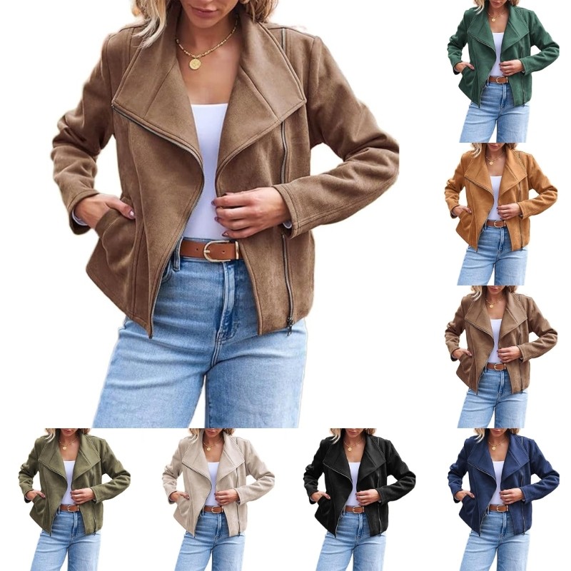 WELL ผู้หญิงฤดูใบไม้ร่วงฤดูหนาว Casual Cropped Suede Faux หนัง Bomber Jacket Coat