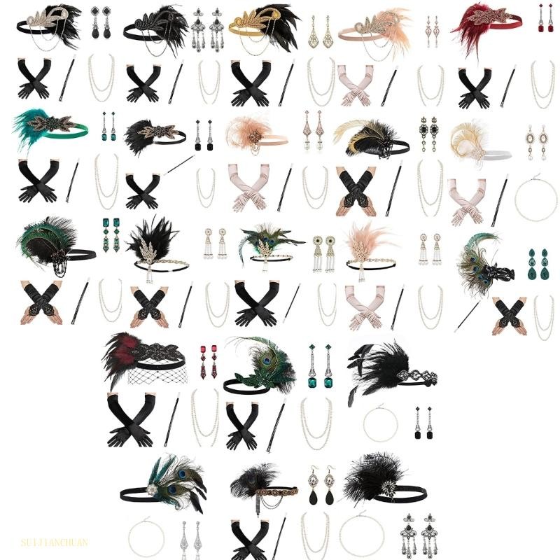 SJT Vintage 1920s Flapper Gatsby ชุดเครื่องประดับ ขนนก สร้อยคอมากกว่า สำหรับปาร์ตี้ยุค 20s