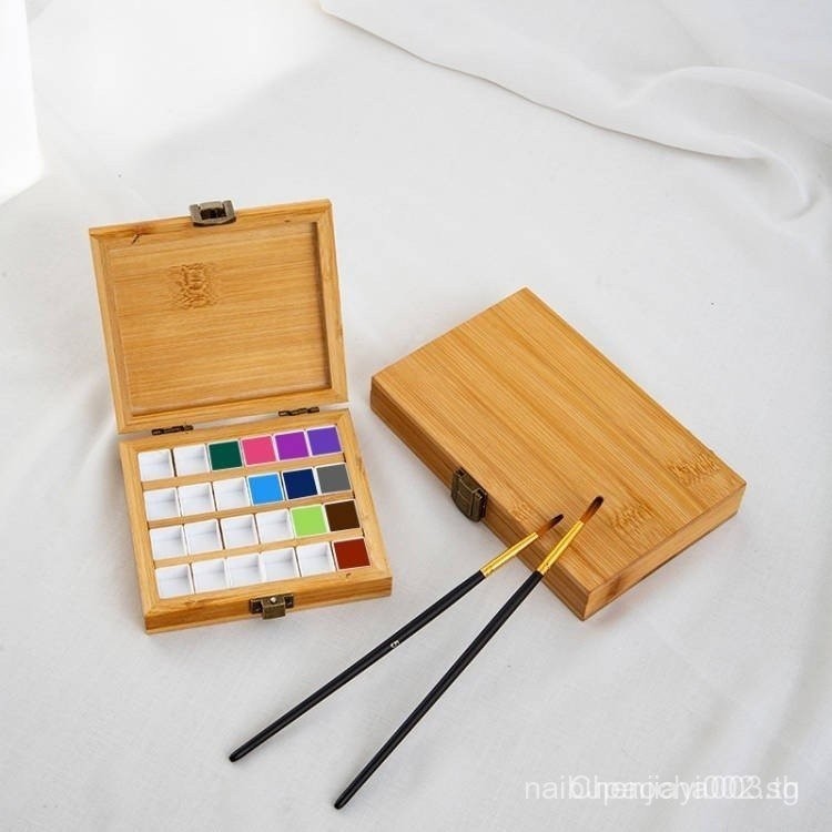 ไม้ไผ่สีน้ําสี Box36Grid กล่องวาดชุด Pigment กล่องไม้ครึ่ง Piece24 สีตลับหมึก Pigment บรรจุแบบพกพา E