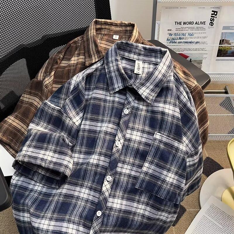 จัดส่งจากกรุงเทพฯ เสื้อเชิ้ตแขนสั้น ลายสก๊อต ทรงหลวม สไตล์เกาหลี แฟชั่นฤดูร้อน ผิวนุ่ม ใส่สบาย ไม่หดตัว ไม่มีริ้วรอย