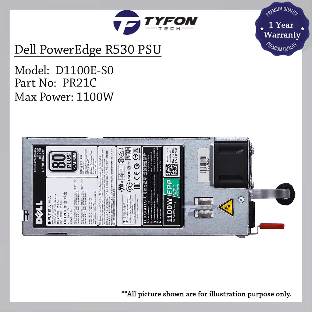 Dell PowerEdge R530 R540 R630 R640 R730 T330 T430 T440 แหล่งจ่ายไฟ PSU 1100W D1100E-S0 PR21C W12Y2 9