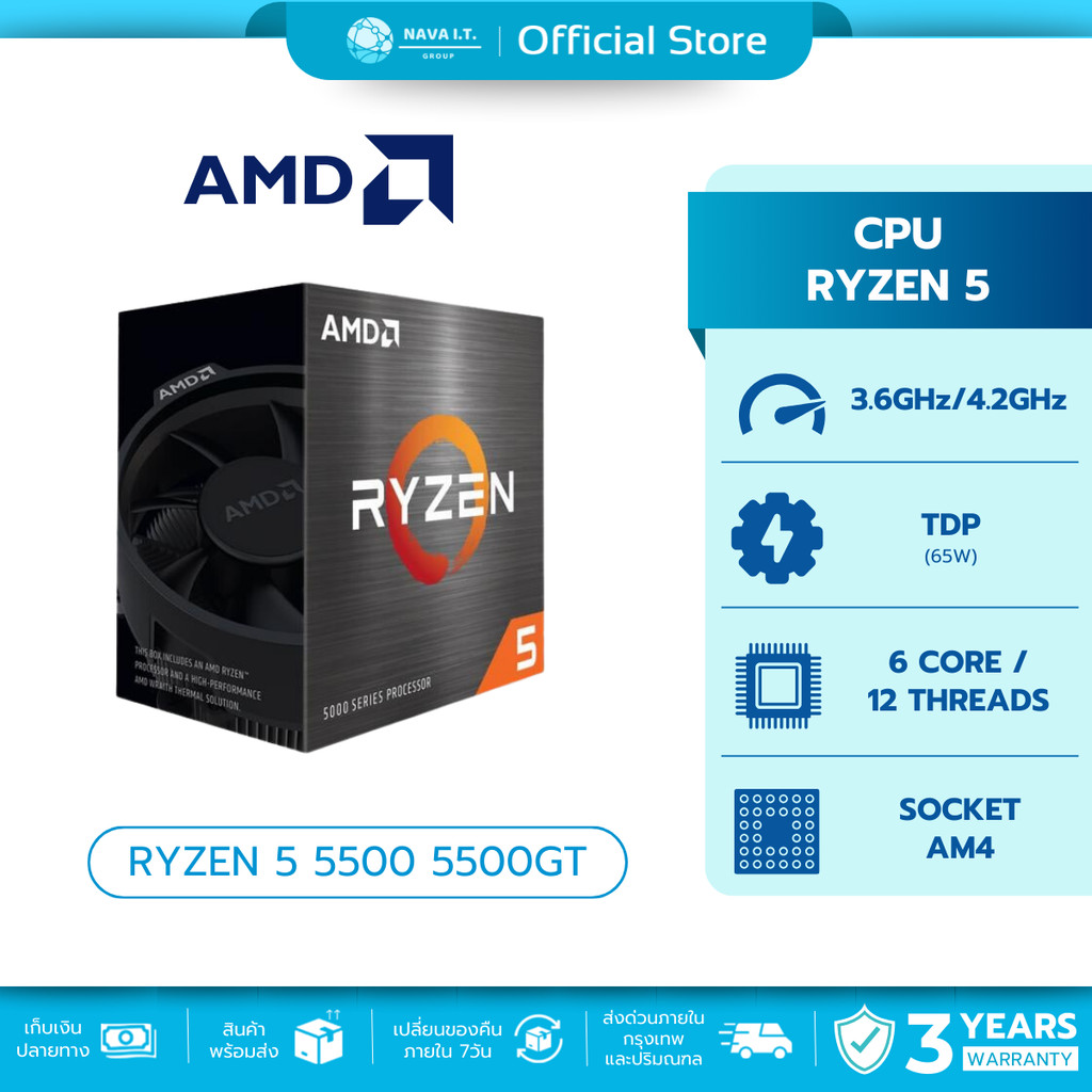 AMD CPU (ซีพียู) AM4 RYZEN 5 5500/5500GT 6C/12T 4.2GHz with Wraith Stealth Cooler