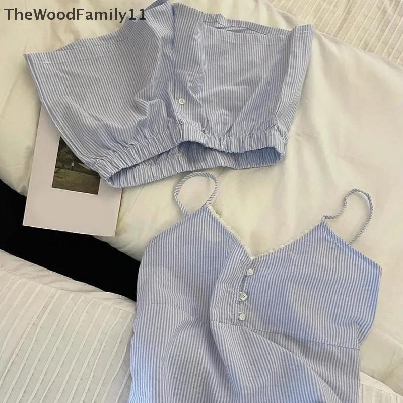 ชุดนอนลายบ้าน ชุดสไตล์สบายๆ สีฟ้า (เสื้อกั๊ก + กางเกงขาสั้น) สำหรับใส่พักผ่อน