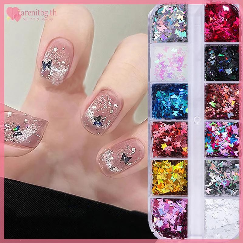 RENBG 12 กริด/กล่องเล็บ Enhancements เลื่อม Ultra-thin Star Bow รูปร่าง Glitter Gradient เล็บอุปกรณ์ตกแต่ง TH