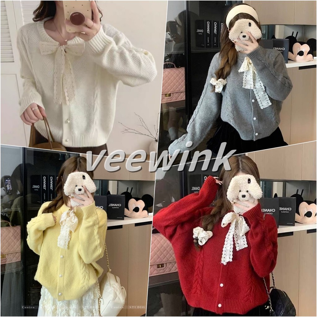Veewink พร้อมส่งจากกทม เสื้อสเวตเตอร์คริสต์มาส เสื้อสเวตเตอร์ถักสั้น ลูกไม้โบว์ เนื้อนุ่ม ทรงหรูหรา ใส่สบาย