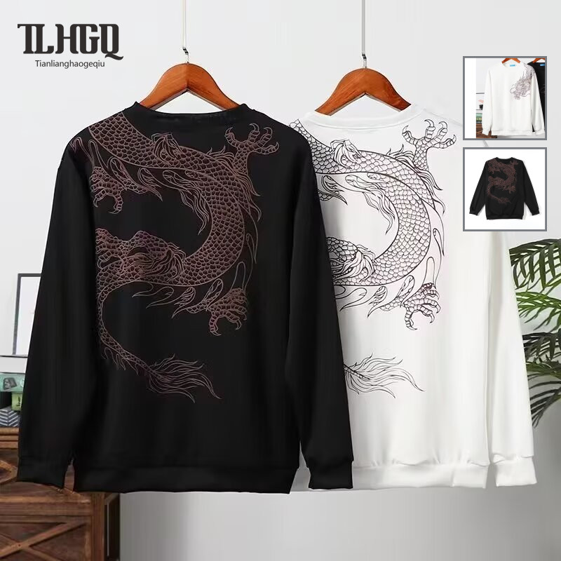 TLHGQ เสื้อกันหนาวแขนยาวคอกลมปักลายมังกรประณีต สไตล์วัยรุ่น