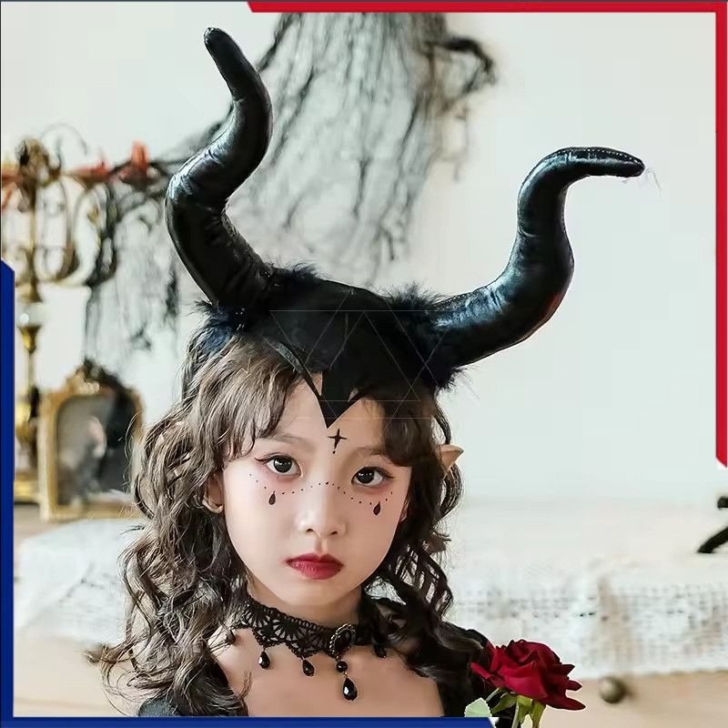 อุปกรณ์ตกแต่งชุดฮาโลวีนสำหรับเด็ก หมวกเขาปีศาจ ชุดคอสเพลย์แม่มดปีศาจน้อย อุปกรณ์ประกอบฉาก เขาควาย สีดำ 🎇
