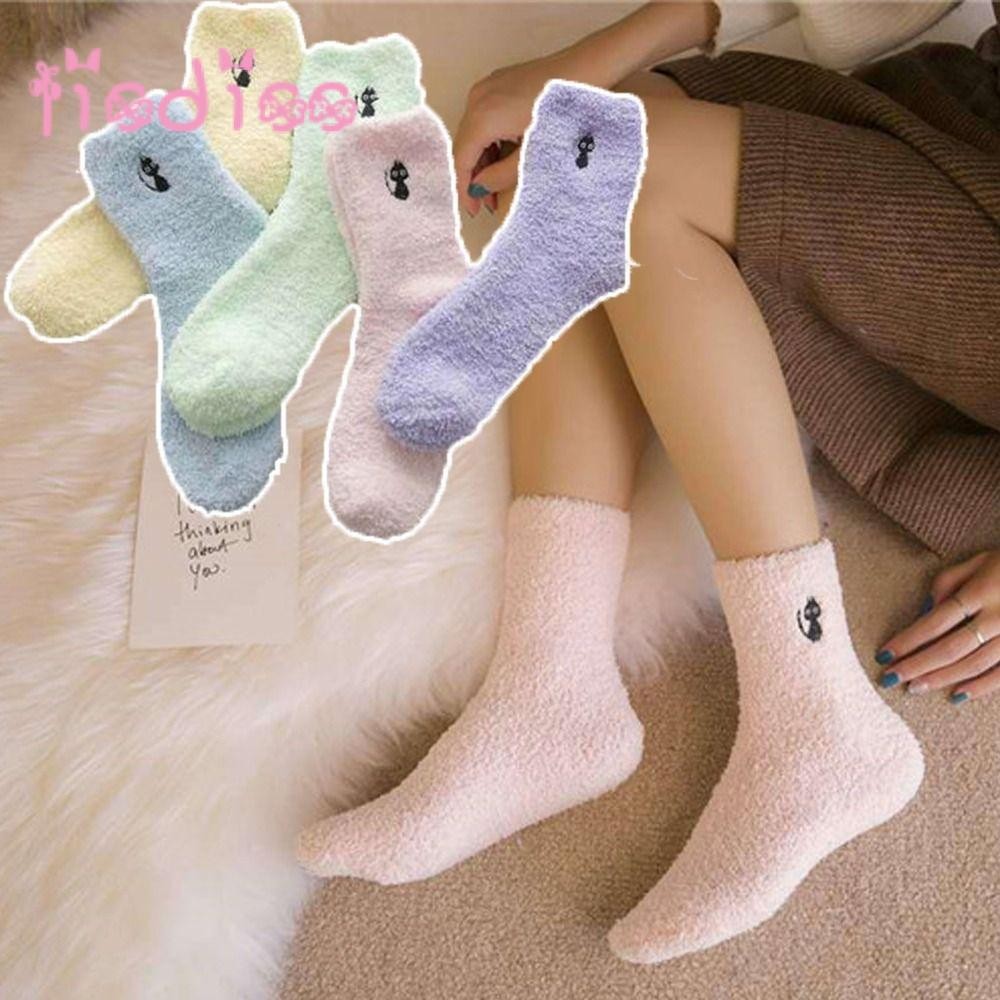 ถุงเท้า LISDIS Fuzzy, Fluffy Super Soft Cozy Fluffy Slipper Socks, โพลีเอสเตอร์สีเหลืองอุ่นสีดํา Cat