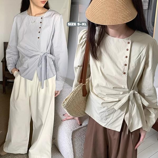 mimi&didi#เสื้อตัวบนฤดูใบไม้ร่วงไซส์ใหญ่เสื้อเชิ้ตแขนยาวผูกเอวสไตล์ฝรั่งเศสสำหรับผู้หญิง ฤดูใบไม้ผลิและฤดูใบไม้ร่วง#W663