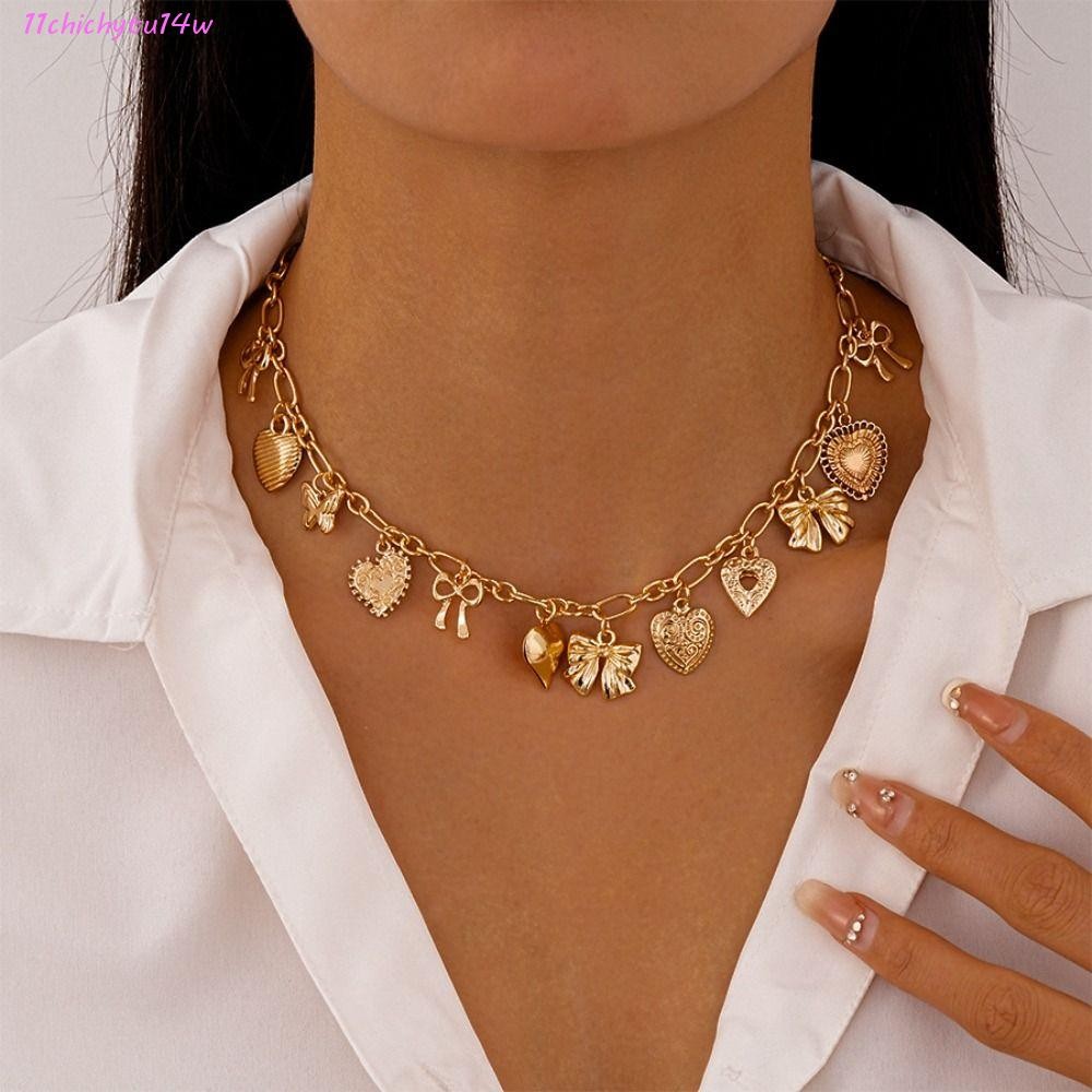 CHICHYTU14W สร้อยคอจี้หัวใจ, Punk Y2k สร้อยคอโลหะ, แฟชั่นผู้หญิงเครื่องประดับคอ Bowknot เครื่องประดั