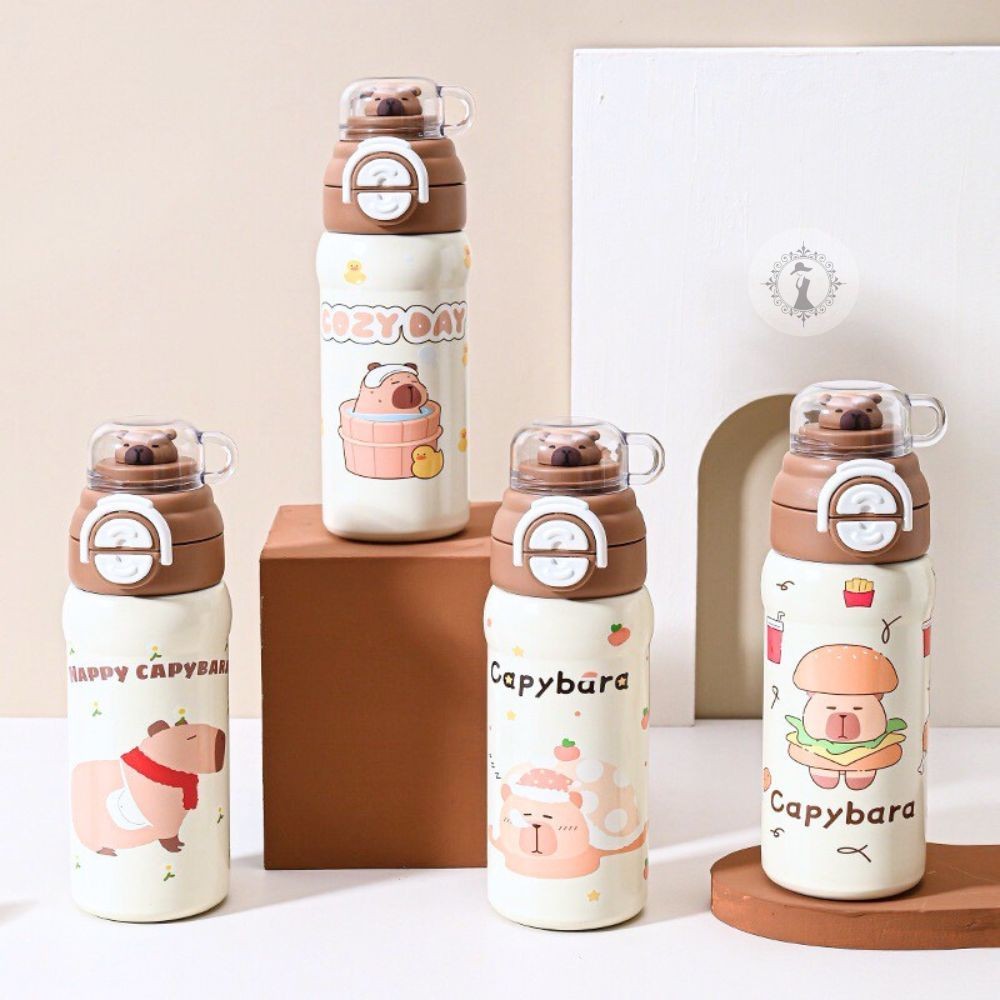 แก้วคาปิบาร่า ขวดน้ำเด็ก เก็บอุณหภูมิร้อน-เย็น 550 ml. สแตนเลส 316 ดีไซน์ลายน่ารัก แบบหลอด+ยกดื่ม มีฝาปิดกันหก