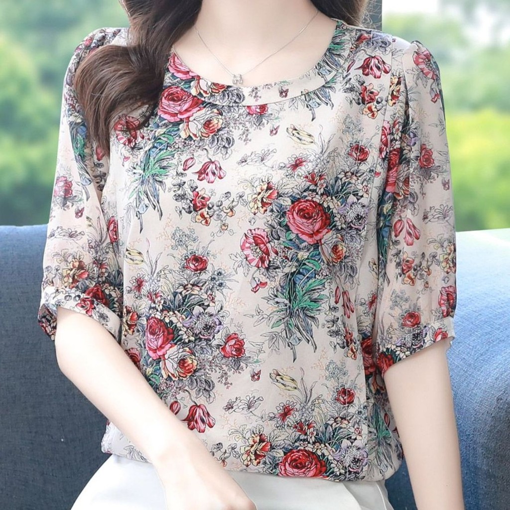 Street Wear เสื้อชีฟองดอกไม้ผู้หญิงแขนสั้นด้านบนแม่หลวมครึ่งแขนเสื้อภาษาฝรั่งเศสคํา High-End แฟชั่น 