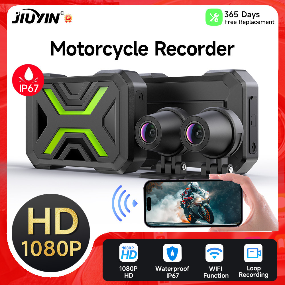 กล้องติดรถยนต์รถจักรยานยนต์ JIUYIN พร้อมกล้องคู่ด้านหน้าและด้านหลัง DVR1080P กันน้ํารถจักรยานยนต์ dashcam WiFi การเชื่อมต่ออัจฉริยะ