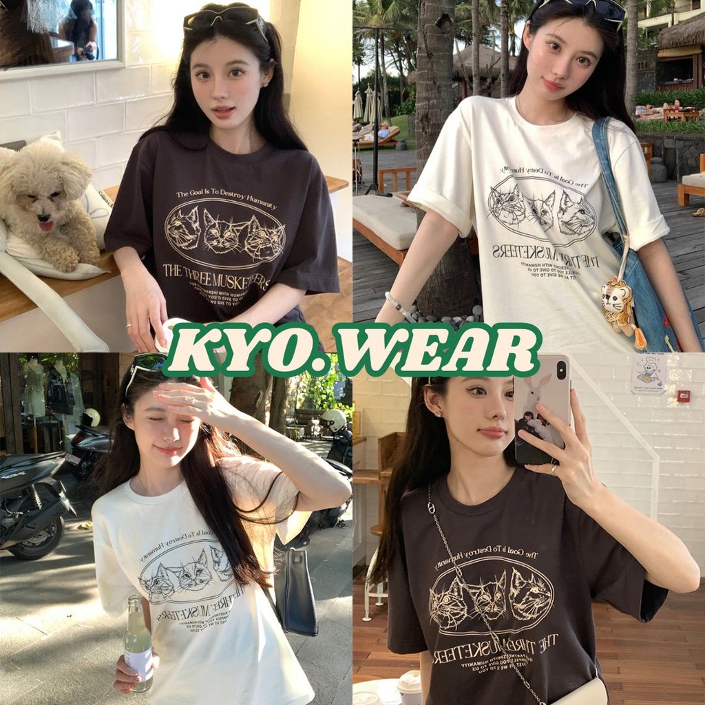 KYO 😸 เสื้อยืดสตรีไซส์ใหญ่ คอกลม  สไตล์เกาหลี Cotton 100% ผ้านุ่มใส่สบาย ใส่ได้ทุกโอกาส "MUSKETEERS CAT" ส่งจากไทย