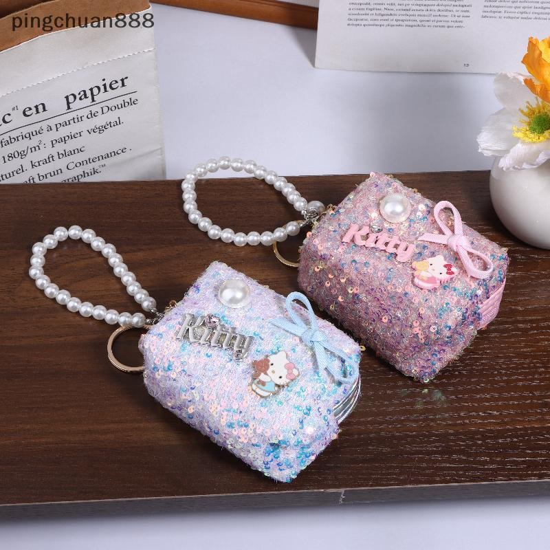Pingchuan888 ประณีตเลื่อม KT กระเป๋าใส่เหรียญแมวน่ารักการ์ตูนกระเป๋าเครื่องสําอางสาวกระเป๋าสตางค์ขนา