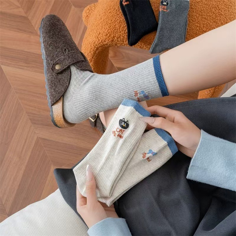 ถุงเท้าพิมพ์ลายผ้าฝ้ายสีทึบ สองชั้น ขอบเรียบร้อย สตรี ขนาดกลาง jz1001wz