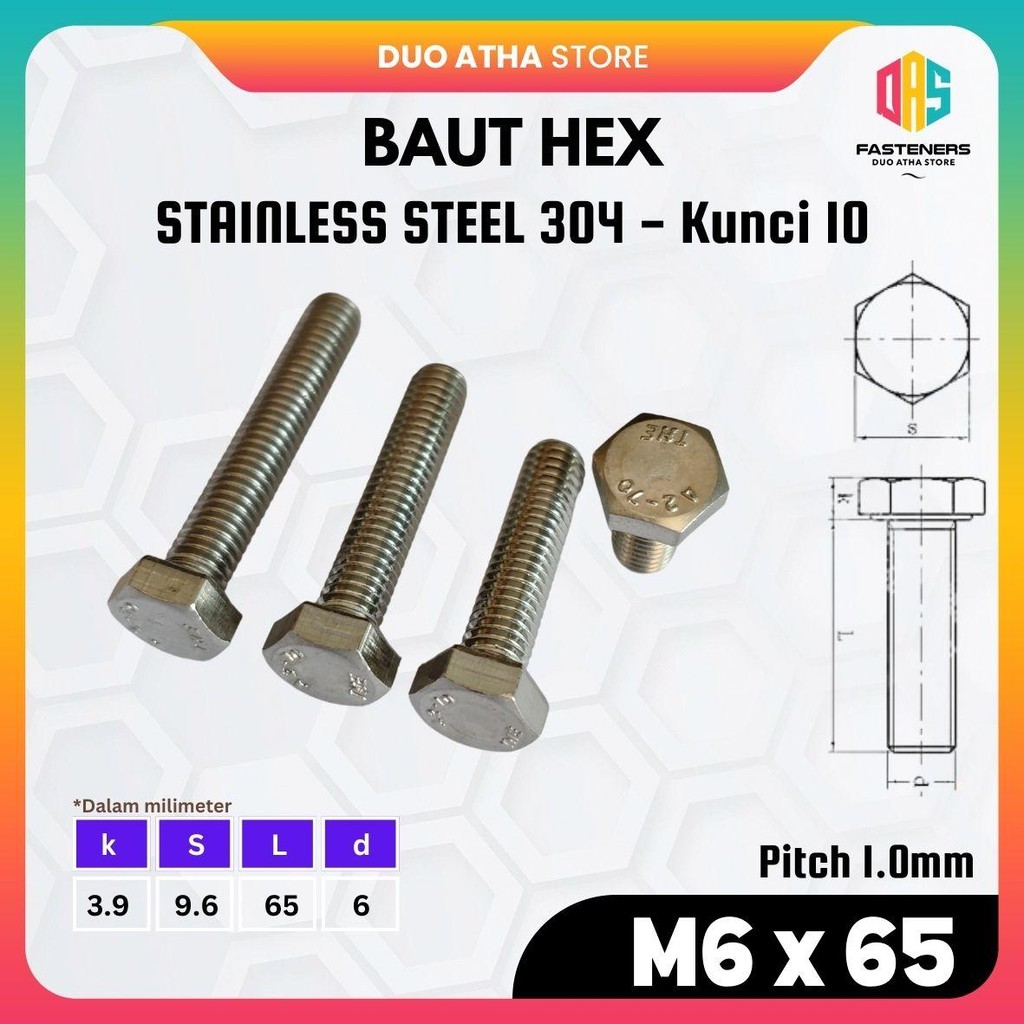 สแตนเลส M6x65 Hex Bolt / M6x65 SS304 เท่านั้น Bolt / M6x65 SUS304 หกเหลี่ยม Bolt Key 10