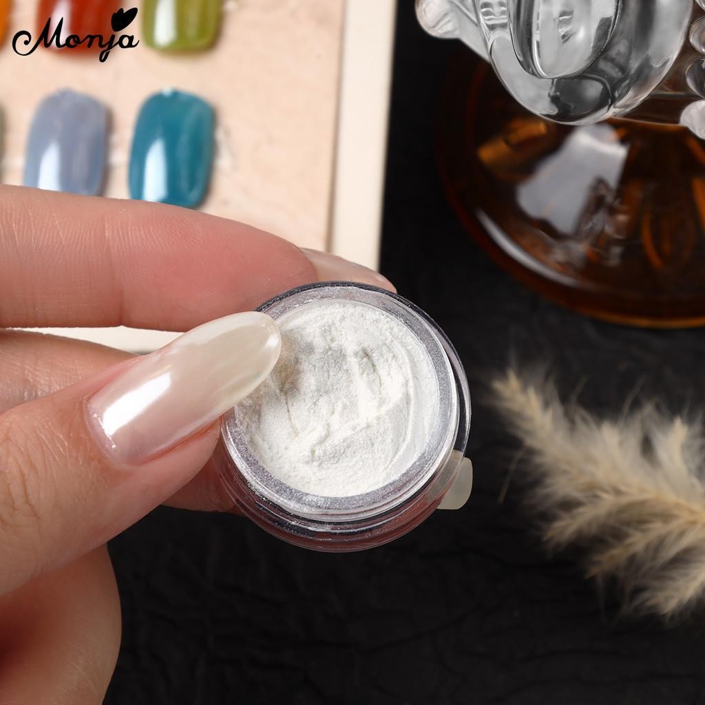 Monja เล็บ Hailey Chrome Powder กระจก ชุบผง Pearly สีขาวถูฟองน้ําแปรง Pigment เล็บออกแบบเครื่องมือ