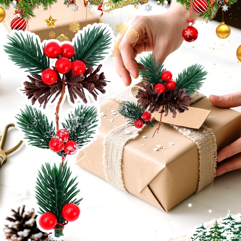 5 ชิ้นประดิษฐ์คริสต์มาส Red Berry Pine Cones สาขา – บ้านงานรื่นเริงตกแต่งที่สมจริง Holly Berries Stems