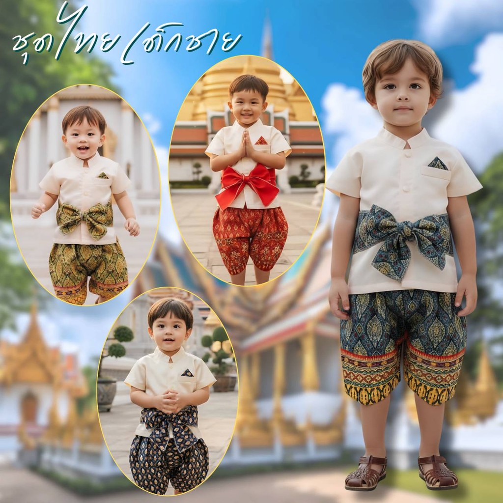 (T998) ชุดไทยเด็กชาย เสื้อคอจีนแขนสั้น+โจงกระเบน (แถมฟรีผ้าคาดเอว) ชุดไทยเด็ก ชุดไทยประยุกต์ ชุดไทยใส่ไปโรงเรียน
