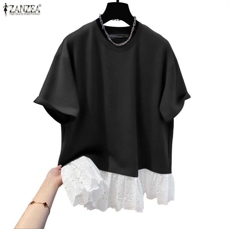 ZANZEA ซานเซีย ผู้หญิงแฟชั่นเกาหลีสไตล์ลําลองคอกลมแขนสั้นสีคมชัดลูกไม้เย็บการออกแบบดอกไม้ถักเสื้อยืด