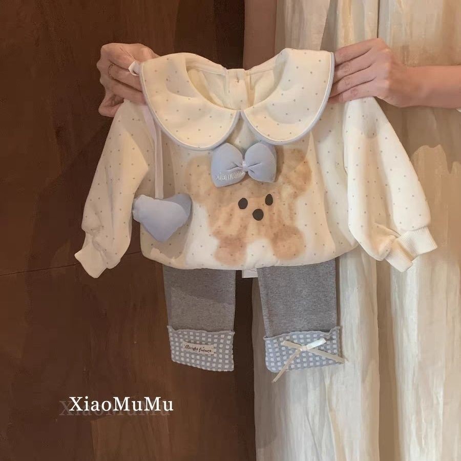 สาวเสื้อกันหนาวสูทน่ารักฤดูใบไม้ร่วงฤดูใบไม้ผลิเสื้อผ้า 2025 ใหม่สไตล์เด็กสาวแฟชั่นแขนยาวด้านบน เลกกิ้ง ชุดสองชิ้น