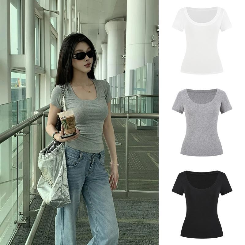 เสื้อยืดคอ U สำหรับผู้หญิง ทรงตรง แขนสั้น ใส่หน้าร้อน ทรงสลิมฟิต รัดรูป เสื้อสั้น สาวฮอต ทรงแคบ Women T-shirt