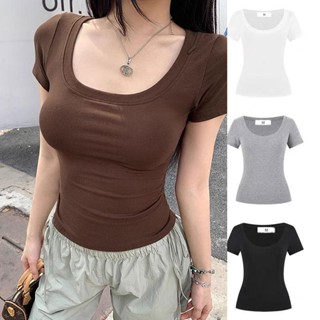 เสื้อแขนสั้นคอ U เสื้อยืด ผู้หญิง ฤดูใบไม้ผลิ ฤดูร้อน สลิมฟิ…
