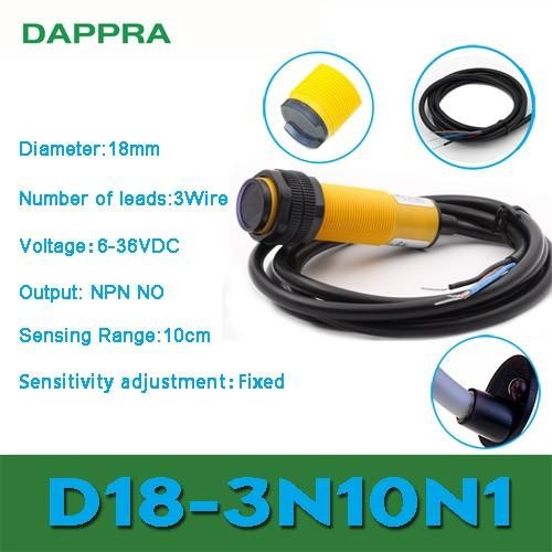 D18-3N10N1 M18 10 ซม.DC6V ถึง 36V 3 สาย NPN ไม่มีโฟโตอิเล็กทริคเซนเซอร์ OA01 JIE27