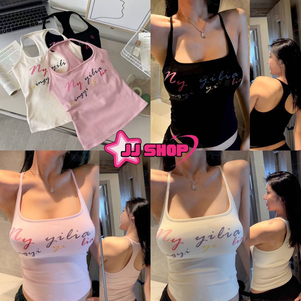JJ Shop💜พร้อมส่ง เสื้อสายเดี่ยว สีพาสเทล ดีเทลสกีนตัวอักษรน่ารักมาก น่ารักมากๆ เสริมฟองน้ำ "FY2601"