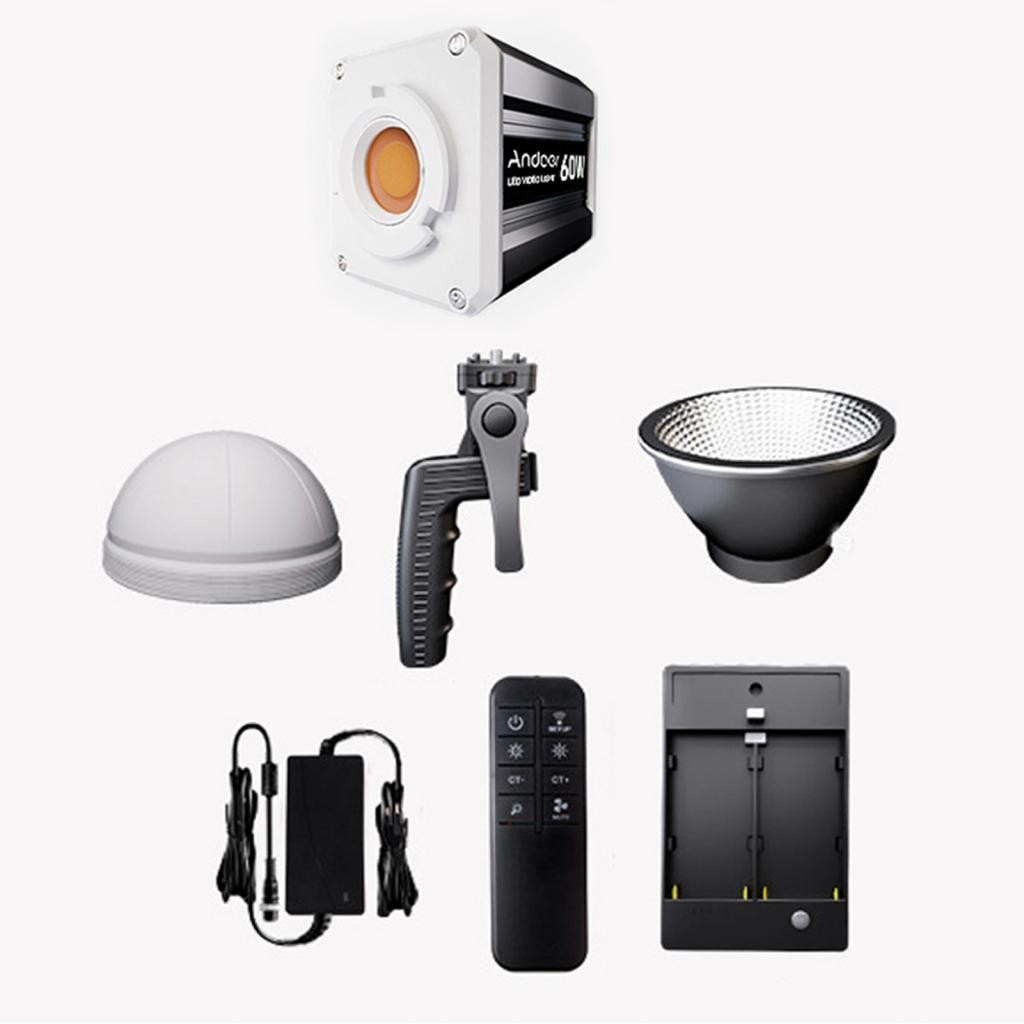 Andoer Tri-Color LED COB Video Light 60W การถ่ายภาพ 2800K-6800K หน้าจอ LCD หรี่แสงได้ 9 FX ระบบควบคุมพัดลมเอฟเฟกต์พิเศษพร้อมที่จับสะท้อนแสงและรีโมท (สามสี)